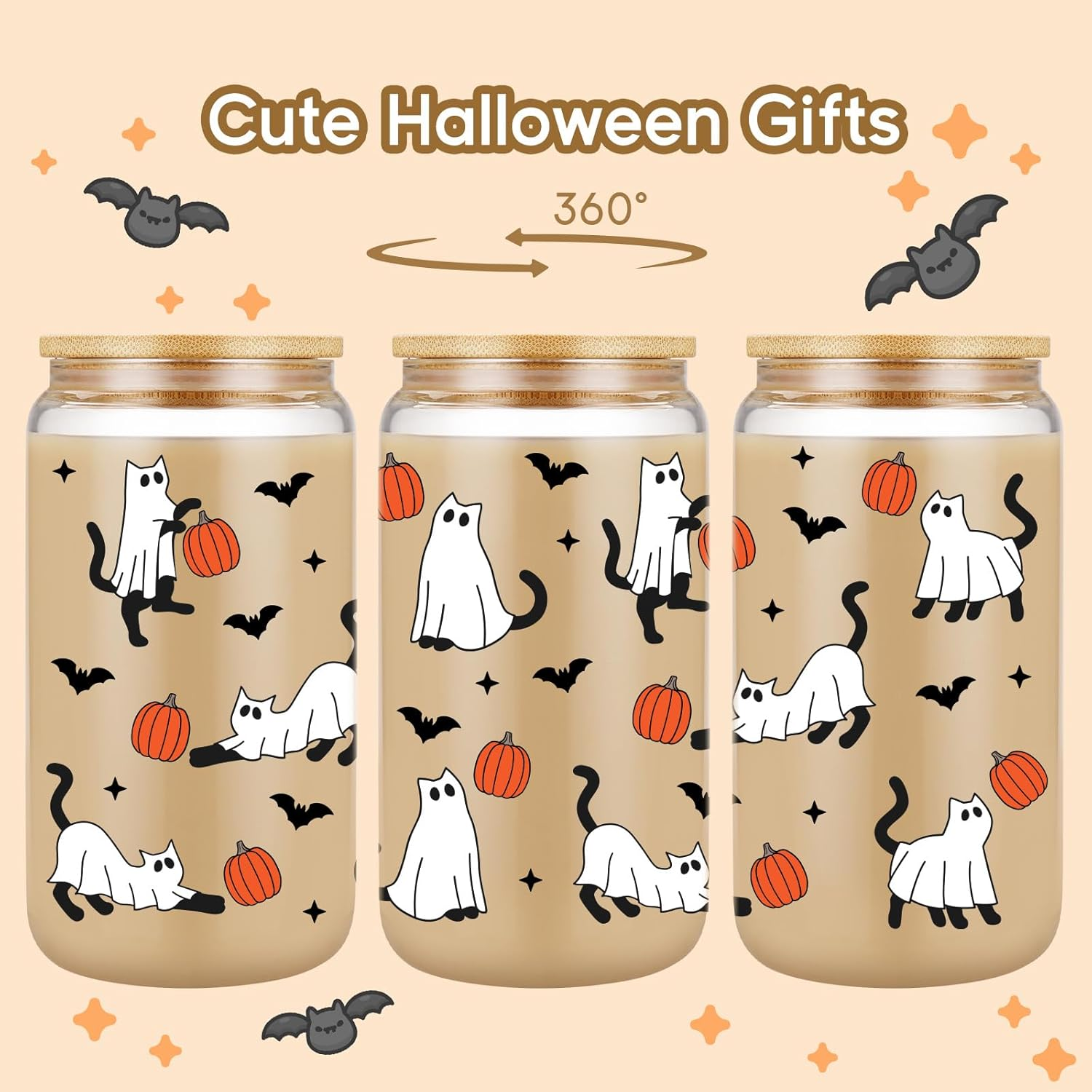 Halloween Ghost Cat Iced Coffee Cup, Halloween Cat Pumpkin Glass Tumbler, 16 Oz Spooky Coffee Glass Cup with Lid Straw, Boo Basket Stuffers, Spooky Gifts for Feline Lover, Women, Teen - Image 2