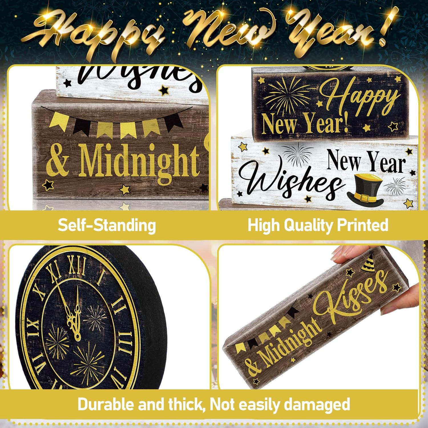 4 Pcs New Year Decoration Eve Party Supplies 2026 Gold Black Tiered Tray Decor Happy New Year Centerpiece Rustic Decorative Clock Block Signs Gift Christmas Decor for Home Eve Party Decoration - Image 5