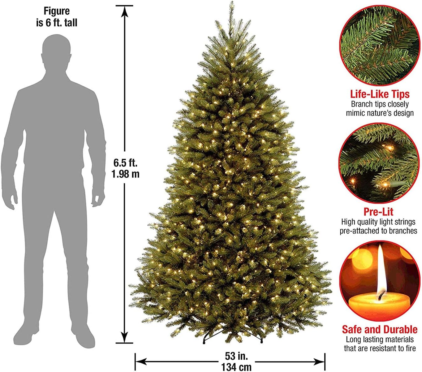 Pre-Lit Artificial Full Christmas Tree, Green, Dunhill Fir, White Lights, Includes Stand, 6.5 Feet - Image 3