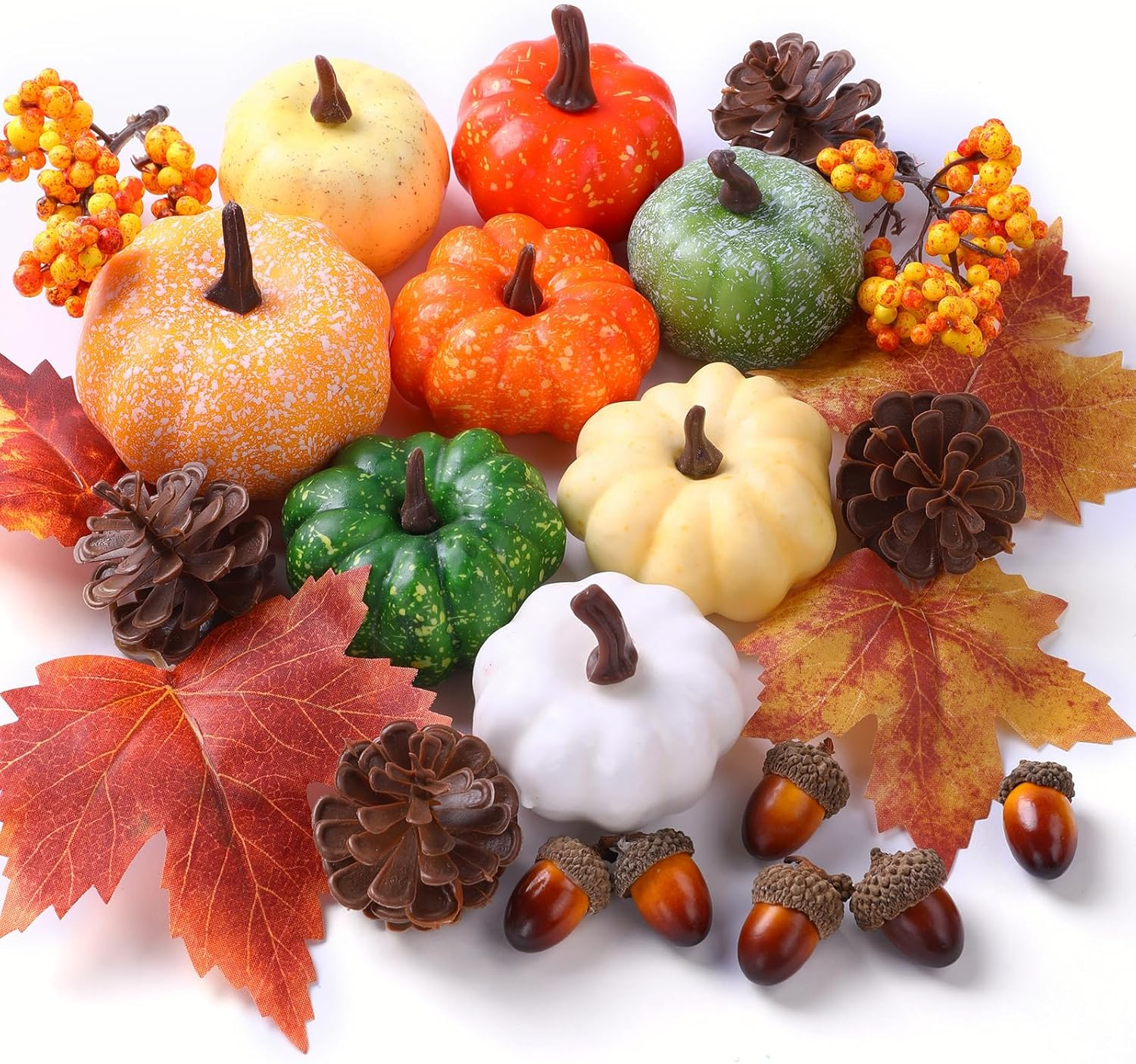 22Pcs Fall Mini Pumpkin Decorations Realistic Pumpkins Decor with Maple Leaves Plastic Pine Cones Acorns Berries Artificial Pumpkin for Thanksgiving Halloween Autumn Harvest Home Table Decor