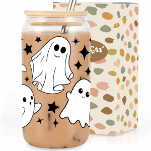 Ghost Halloween Cup, 16 Oz Tumbler Glass Cups W/Lids Straws - Spooky Iced Coffee Mug for Smoothie, Cute Halloween Gifts for Women, Girls - Boo Basket Stuffers, Spooky Gifts for Teens, Her