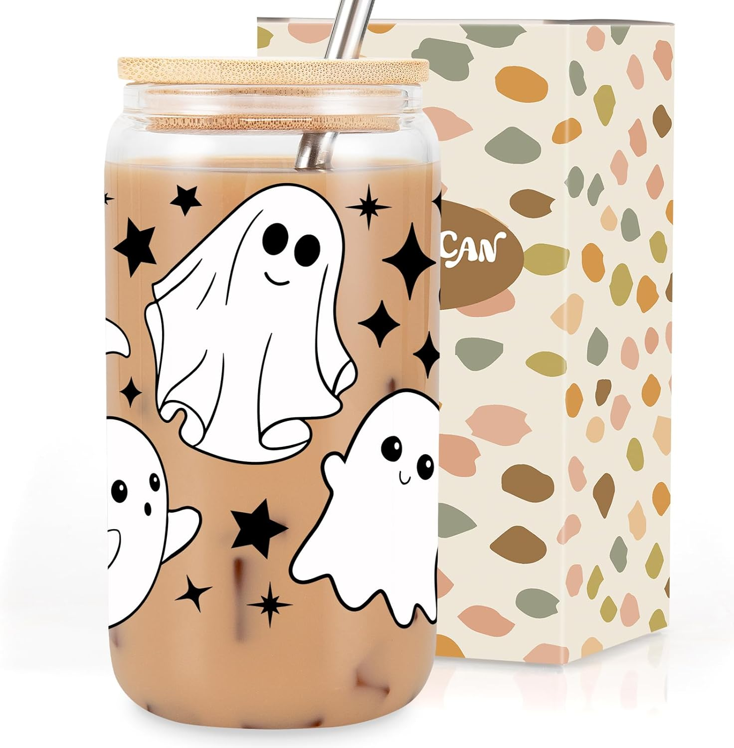 Ghost Halloween Cup, 16 Oz Tumbler Glass Cups W/Lids Straws - Spooky Iced Coffee Mug for Smoothie, Cute Halloween Gifts for Women, Girls - Boo Basket Stuffers, Spooky Gifts for Teens, Her