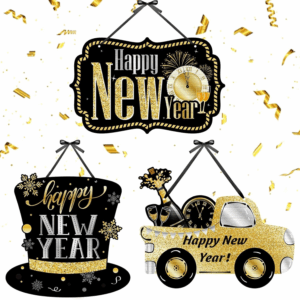 3 Pieces Glitter Happy New Year Sign 2025 Wooden New Year Hanging Sign Black Gold Party Decorations Eve Party Supplies with 6 Pieces Black Ribbon(Elegant Style)