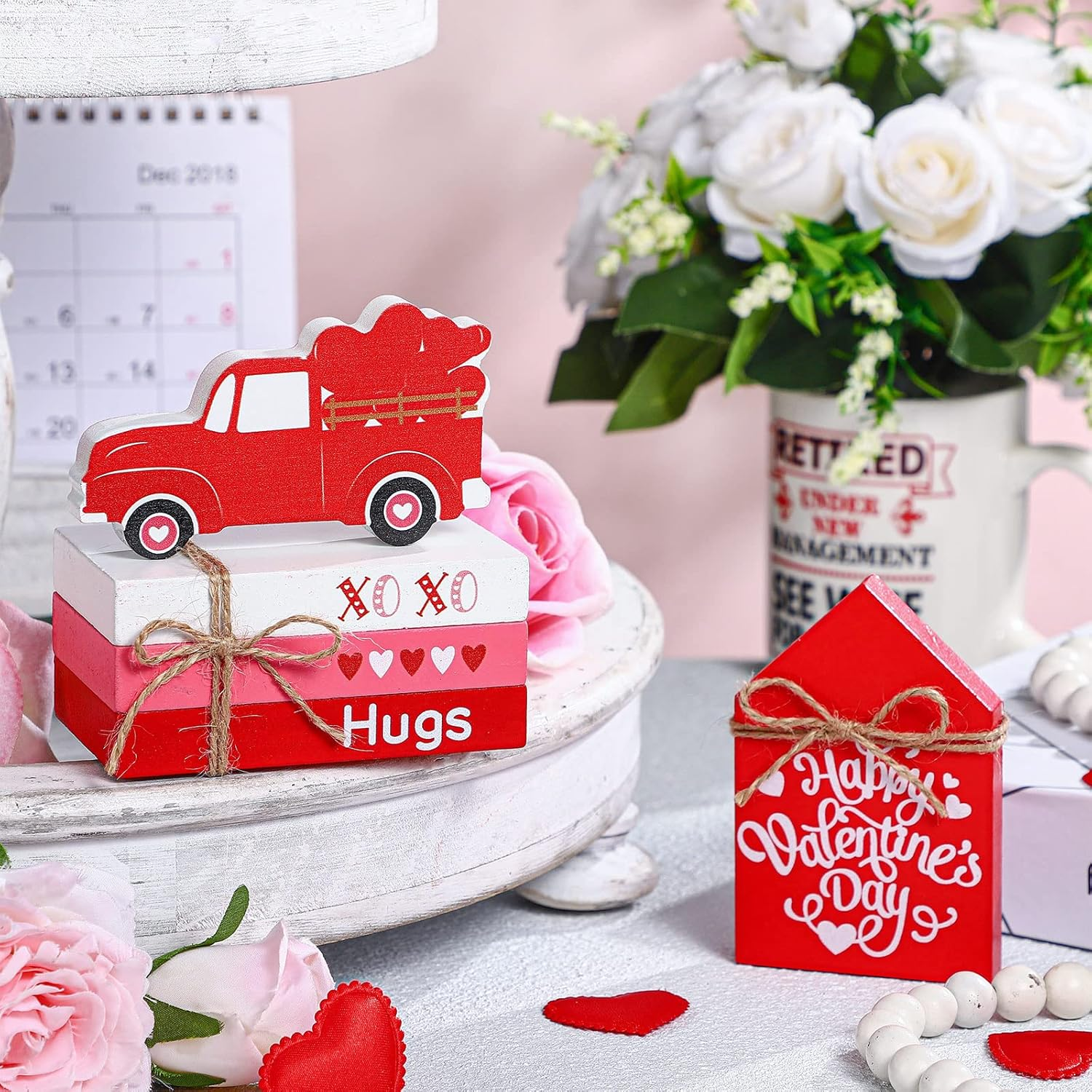 5-Piece Valentine'S Day Tiered Tray Decorations - 3 Faux Books Bundle with Twine, Red Truck & Heart Valentine House Sign - Table Decor for Bookshelf - Image 3