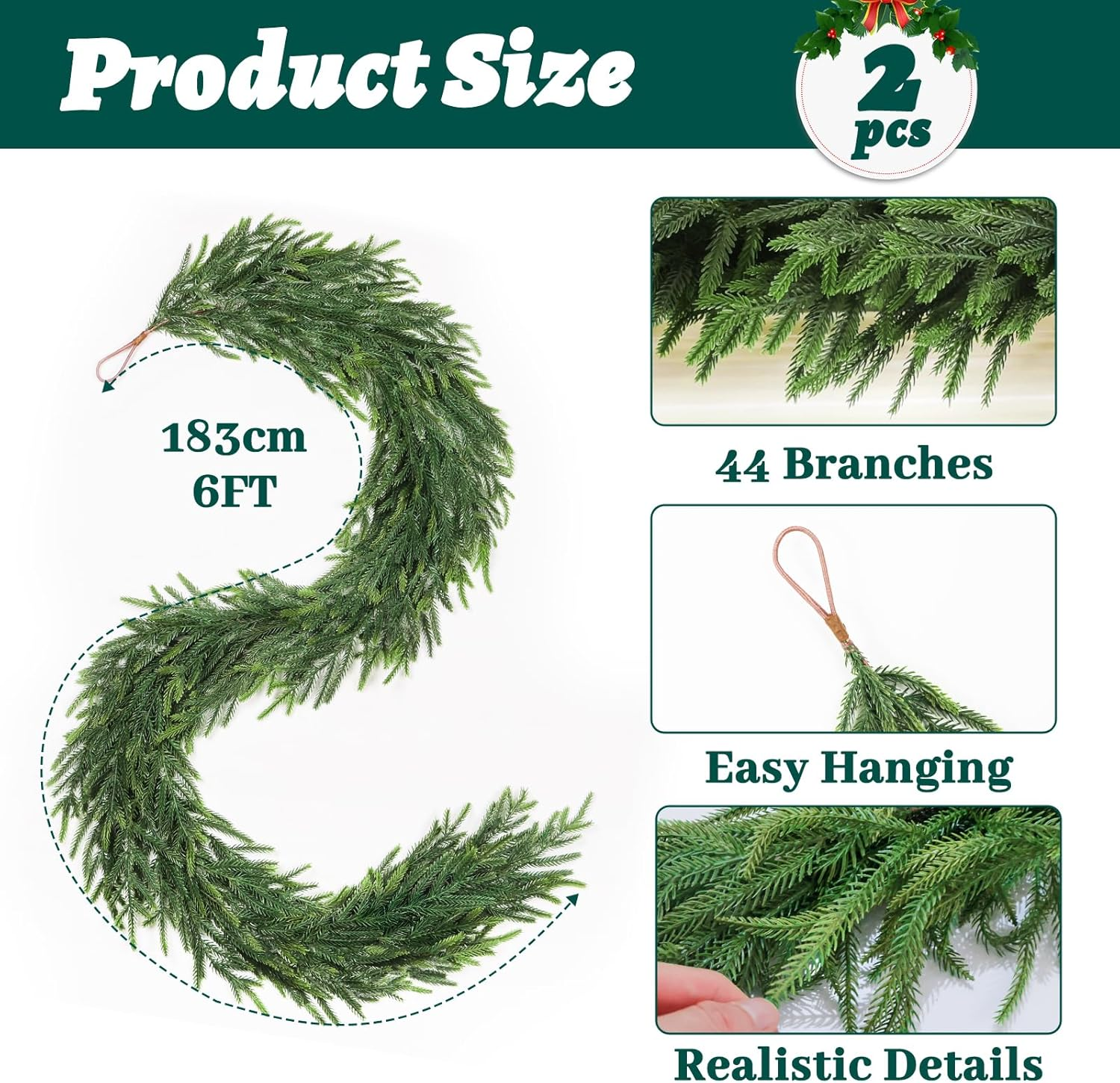 12FT(2 * 6FT) Christmas Norfolk Pine Garland, Real Touch Faux Green Garlands, Winter Artificial Greenery Garland for Mantle, Stairs, Table, Fireplace, Indoor & Outdoor Xmas Decorations - Image 3