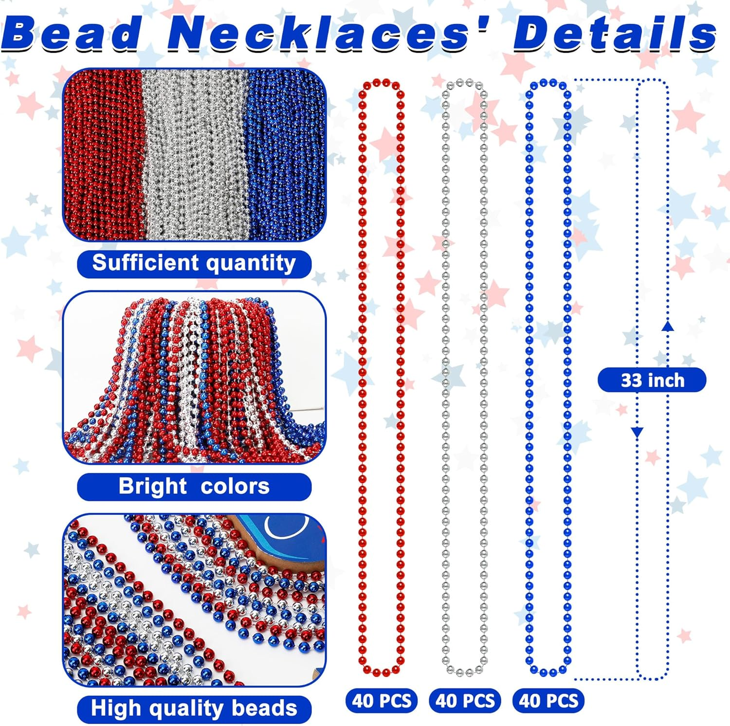 120 PCS 4Th of July Necklace, 33" Red Silver Blue Metallic Beaded Necklaces, Independence Day Party Accessories Patriotic Bead Necklace for Memorial Day Fourth of July Parades Party Supplies - Image 2