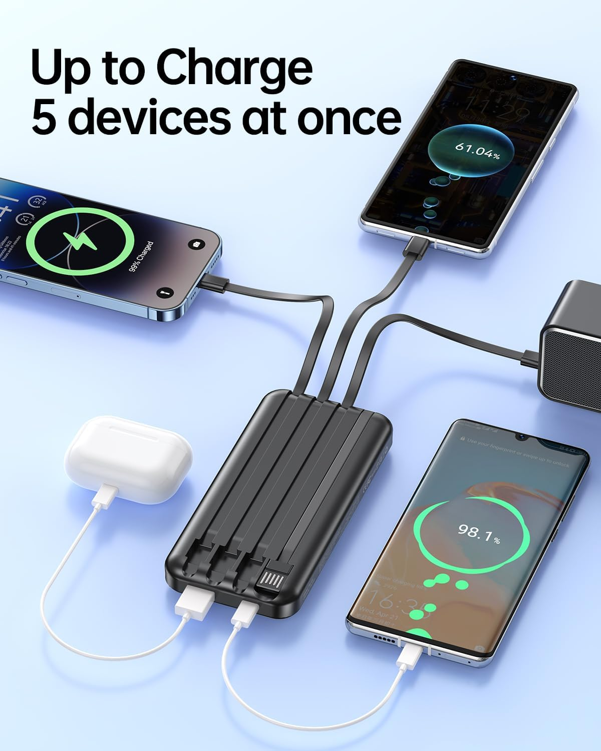 Portable Charger with Built in Cable - 20000Mah Fast Charging 22.5W Slim Power Bank USB C LED Display Travel Battery Pack 5 Outputs & 3 Inputs for Iphone Samsung Android Ipad Phones Tablets Etc - Image 5