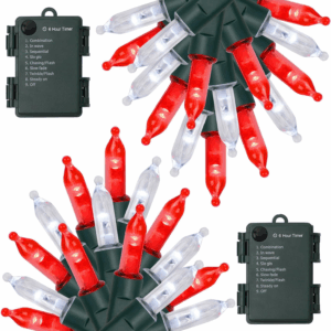 2 Pack 50 LED Outdoor Christmas Lights, 16FT Battery Operated Mini String Lights with 8 Modes & Timer, Xmas Tree Lights Waterproof for Patio Garden Party Wedding Holiday Decor, Red & White