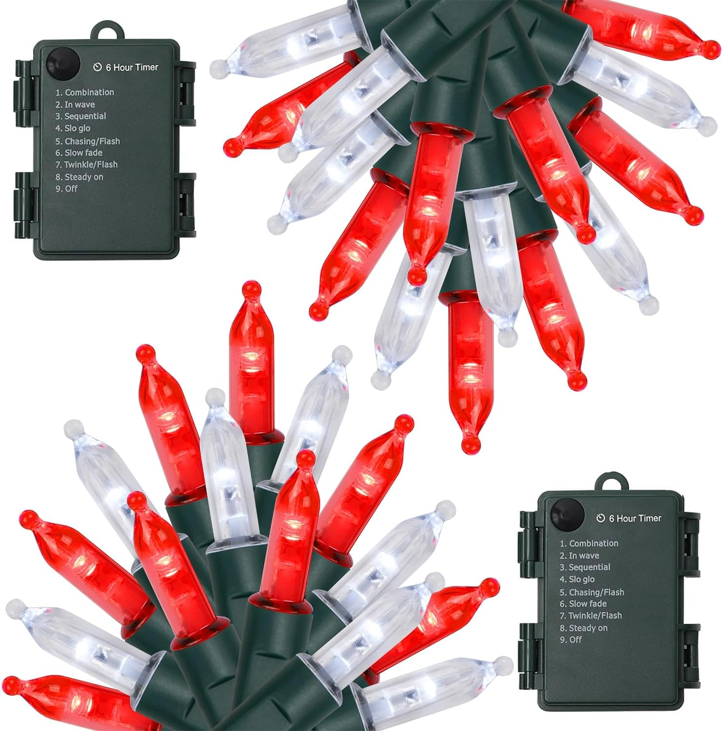 2 Pack 50 LED Outdoor Christmas Lights, 16FT Battery Operated Mini String Lights with 8 Modes & Timer, Xmas Tree Lights Waterproof for Patio Garden Party Wedding Holiday Decor, Red & White