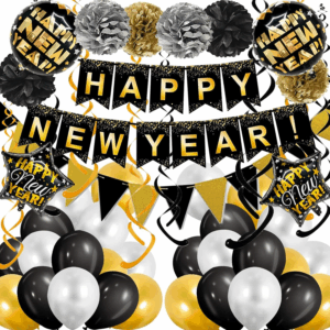 Black Happy New Year Banner Gold Black Paper Flag Bunting Swirl Streamers & Pom Poms Balloons for New Year Party Decorations