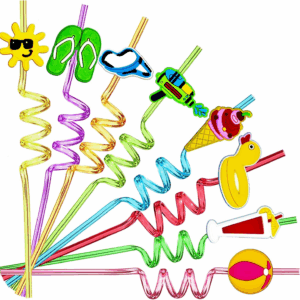 24 Pieces Beach Theme Reusable Shape Straws, Drink Straws Beach Ball Pool Summer Birthday Party Favor Decorations with 2 Cleaning Brushes 8 Color Straws