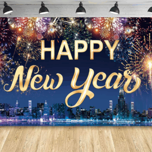 Happy New Year Fabric Sign Poster Banner Backdrop with Fireworks for New Year Photo Booth Background Party Decorations