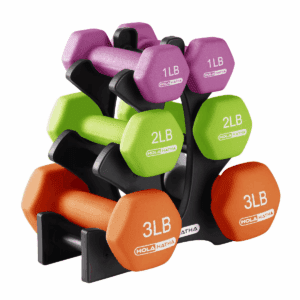 Holahatha 1, 2, and 3 Pound Neoprene Dumbbell Weight Set with Storage Rack Stand, Ideal Strength Training Home Gym Workout Equipment for Muscle Toning