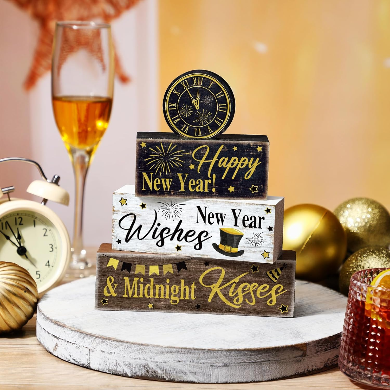 4 Pcs New Year Decoration Eve Party Supplies 2026 Gold Black Tiered Tray Decor Happy New Year Centerpiece Rustic Decorative Clock Block Signs Gift Christmas Decor for Home Eve Party Decoration - Image 3