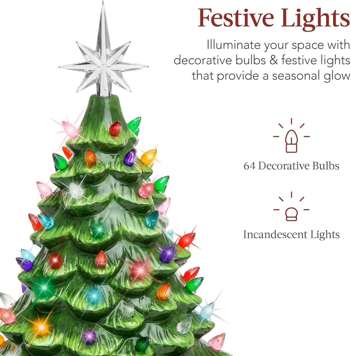 15In Ceramic Christmas Tree, Pre-Lit Hand-Painted Tabletop Holiday Tree, Star Topper, 64 Lights - Green W/Multicolored Bulbs - Image 3