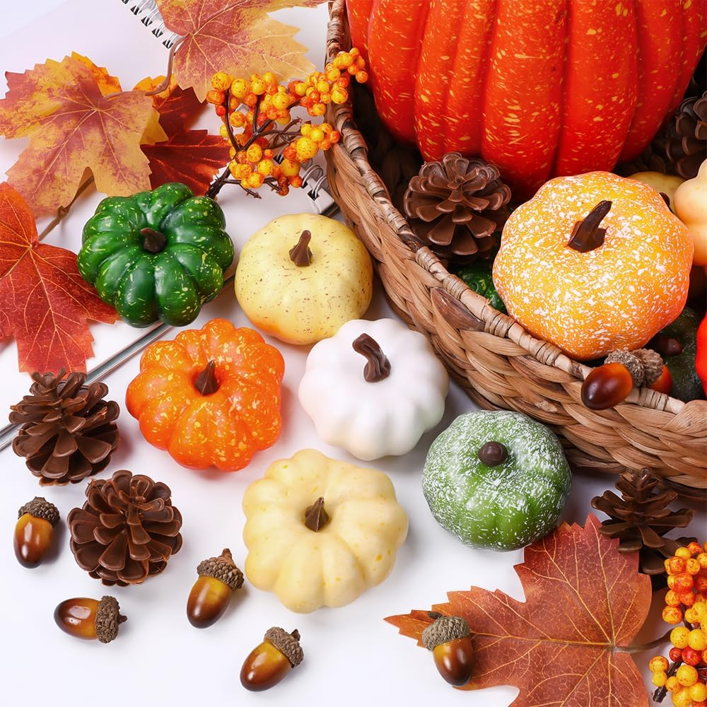22Pcs Fall Mini Pumpkin Decorations Realistic Pumpkins Decor with Maple Leaves Plastic Pine Cones Acorns Berries Artificial Pumpkin for Thanksgiving Halloween Autumn Harvest Home Table Decor - Image 4