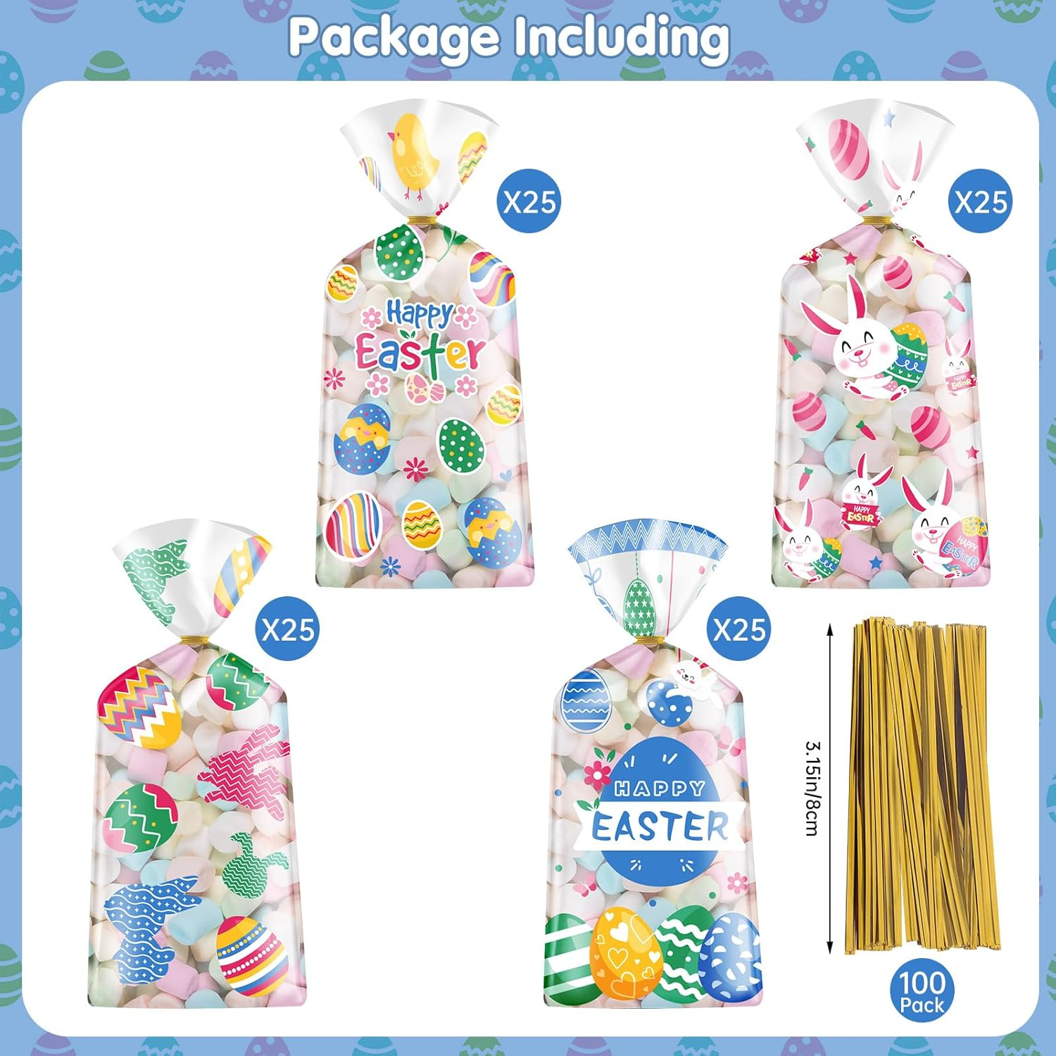 100 Pcs Easter Treat Bags - Happy Easter Gift Bag, Easters Eggs Plastic Cellophane Bag, Clear Colorful Easters Bunny Goodie Candy Favor Bags with Gold Twist Ties for Easte Party Favors Supplies - Image 4