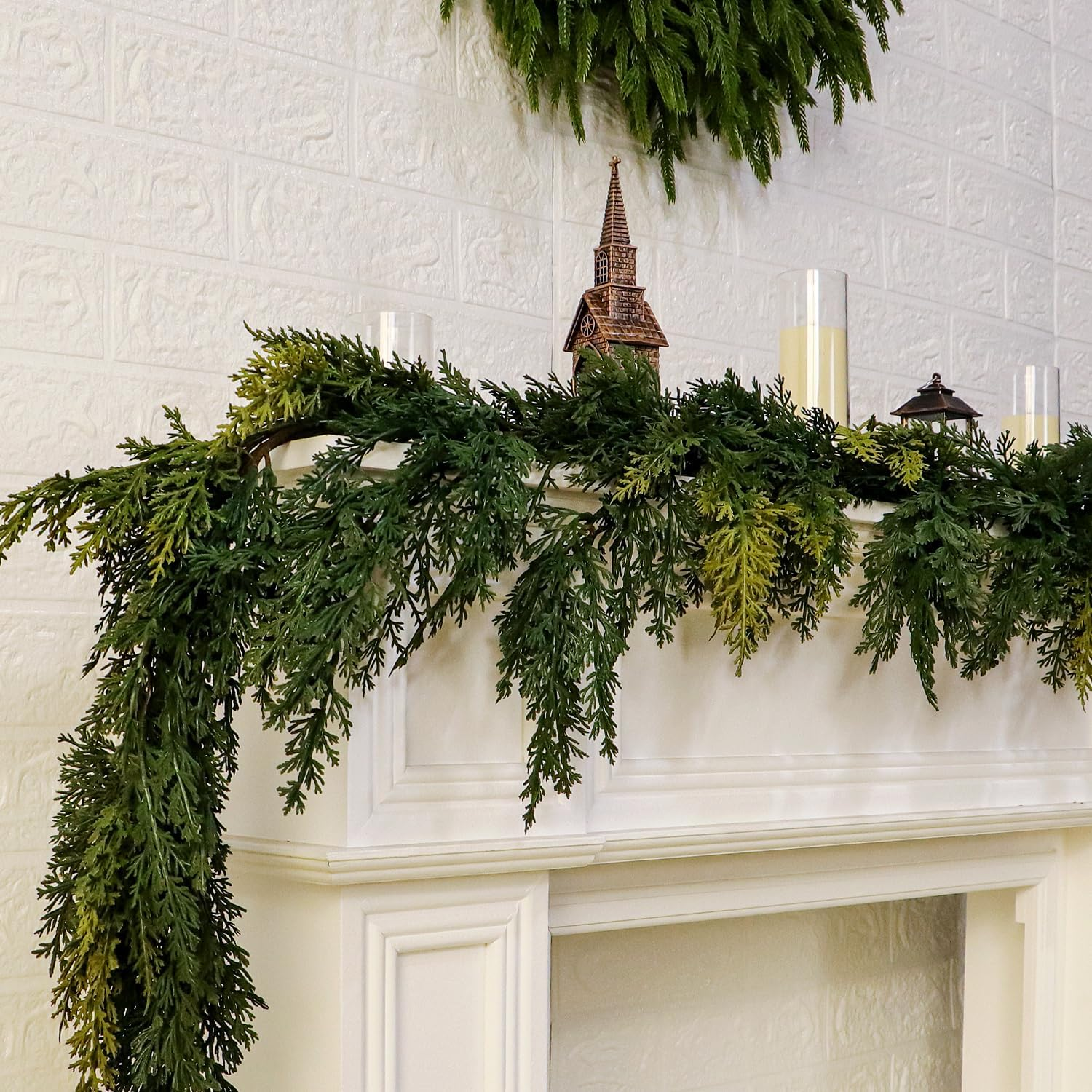 6Ft Christmas Garland Real Touch Artificial Cedar Cypress Garlands Faux Pine Realistic Greenery Garland for Table, Stairs, Porch, Mantle, Fireplace Indoor Outdoor Christmas Decorations (Green)