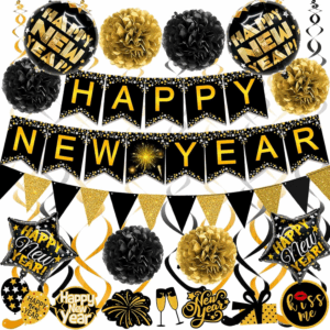 HAPPY NEW YEAR Paper Banner Triangle Flag Bunting Pom Poms Swirls Streamers & Balloons for New Year Party Decoration