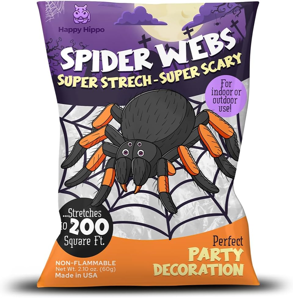 Halloween Spider Web Decoration, 200 Sqare Feet & Plastic Spiders, Halloween Party Supplies, Spider Webs (Small, 200 Sq Feet) (8 Fake Spiders Included)