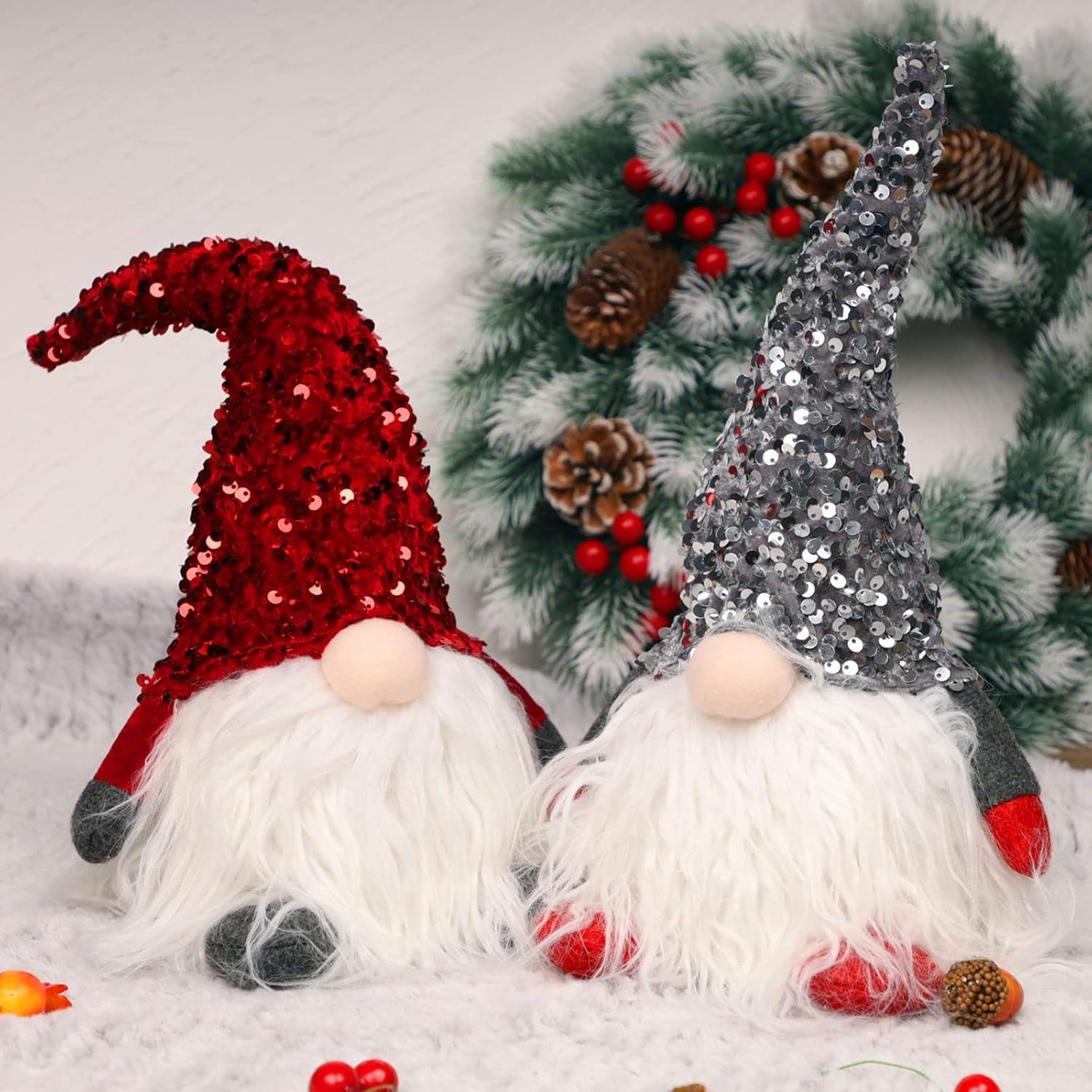 12" Lighted Christmas Gnome, Handmade Sequins Hat Scandinavian Swedish Tomte, Light up Plush Elf Toy Holiday Present, Battery Operated Winter Tabletop Christmas Decorations, 2 Set - Image 2