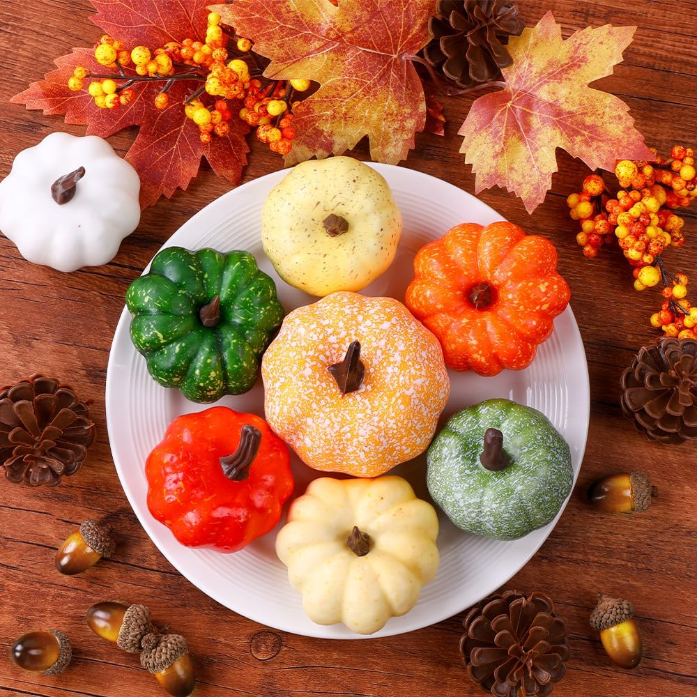 22Pcs Fall Mini Pumpkin Decorations Realistic Pumpkins Decor with Maple Leaves Plastic Pine Cones Acorns Berries Artificial Pumpkin for Thanksgiving Halloween Autumn Harvest Home Table Decor - Image 7