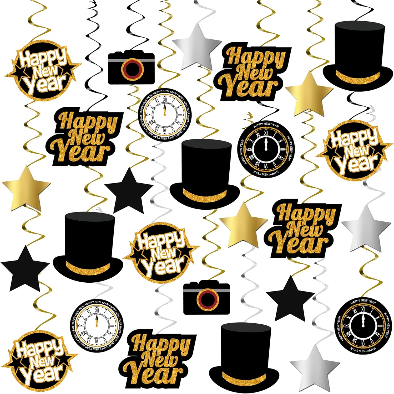 , Happy New Year Hanging Swirls - Pack of 30 | Black and Gold New Years Eve Party Supplies 2026 | Happy New Year Decorations 2026