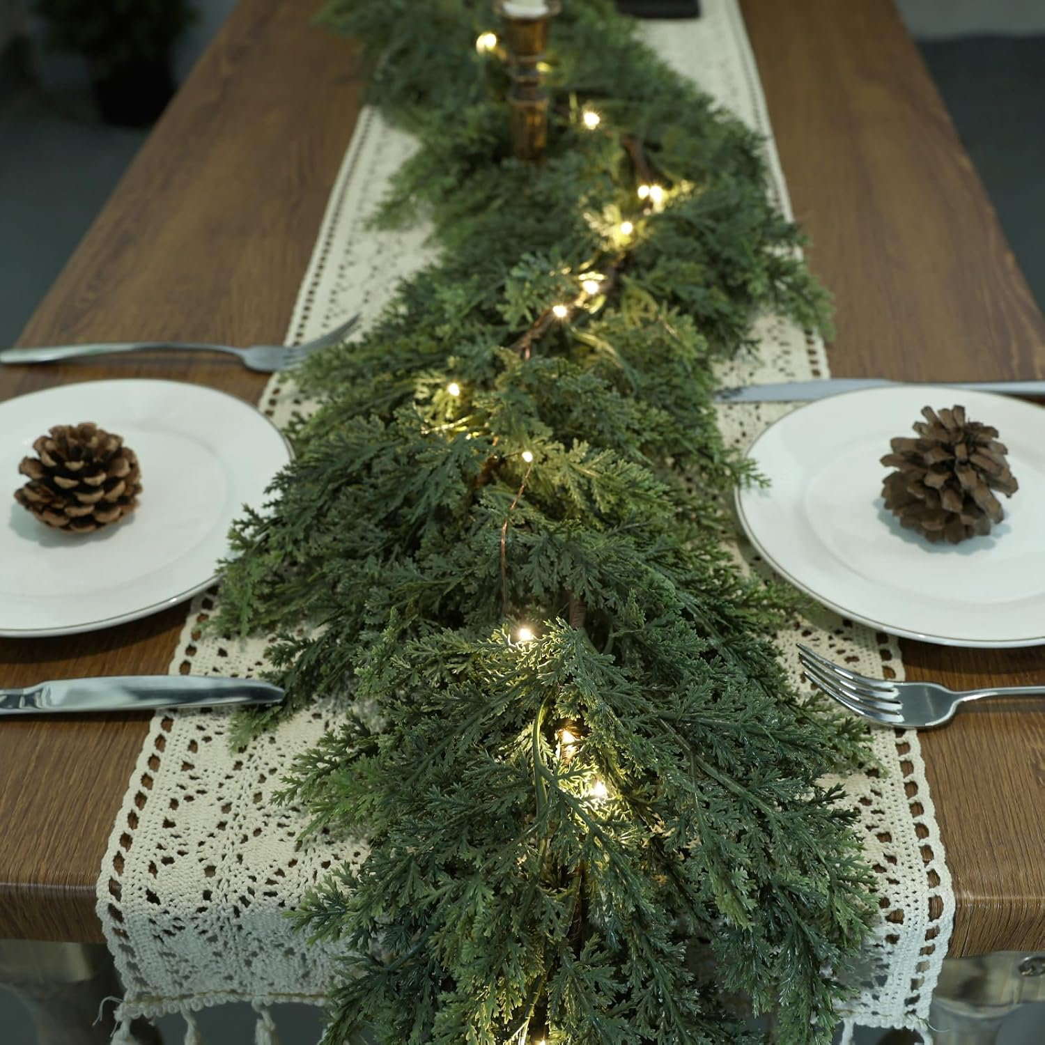 Realistic Christmas Garland with Lights-8 Lighting Modes 6FT Real Touch Lush Artificial Prelit Cedar Garlands for Stairs Railing Fireplace Table Xmas Christmas Decorations Indoor Outdoor Holiday Decor - Image 6