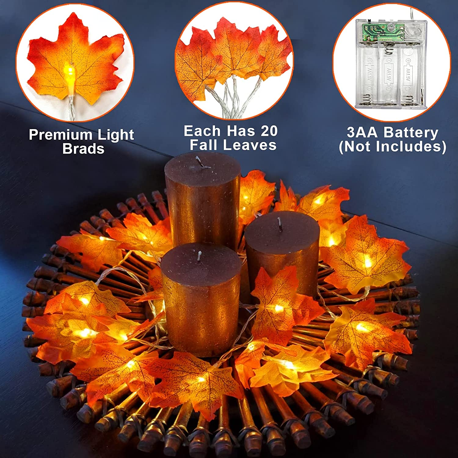 2 Pack Fall Decor Enlarged Maples Leafed Lights Total 20Ft 40LED Thanksgiving Halloween Fall Decorations for Home,Battery Operated Autumn Garland Waterproof Indoor Outdoor Holiday Christmas - Image 3