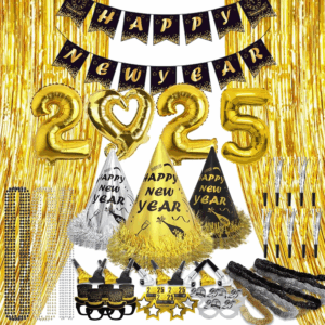 New Years Eve Party Supplies 2025 - Happy New Year Party Supplies Kit for 20 Guests, Including Hats, Glasses, Les, Necklaces, Squakers, Blowout, a Banner, 2 Foil Curtain, 2025 Foil Ballons