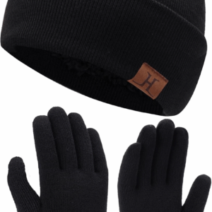 Winter Warm Beanie Hat Touchscreen Gloves Set, Soft Skull Cap Gloves Set for Men and Women with Warm Knit Fleece Lined