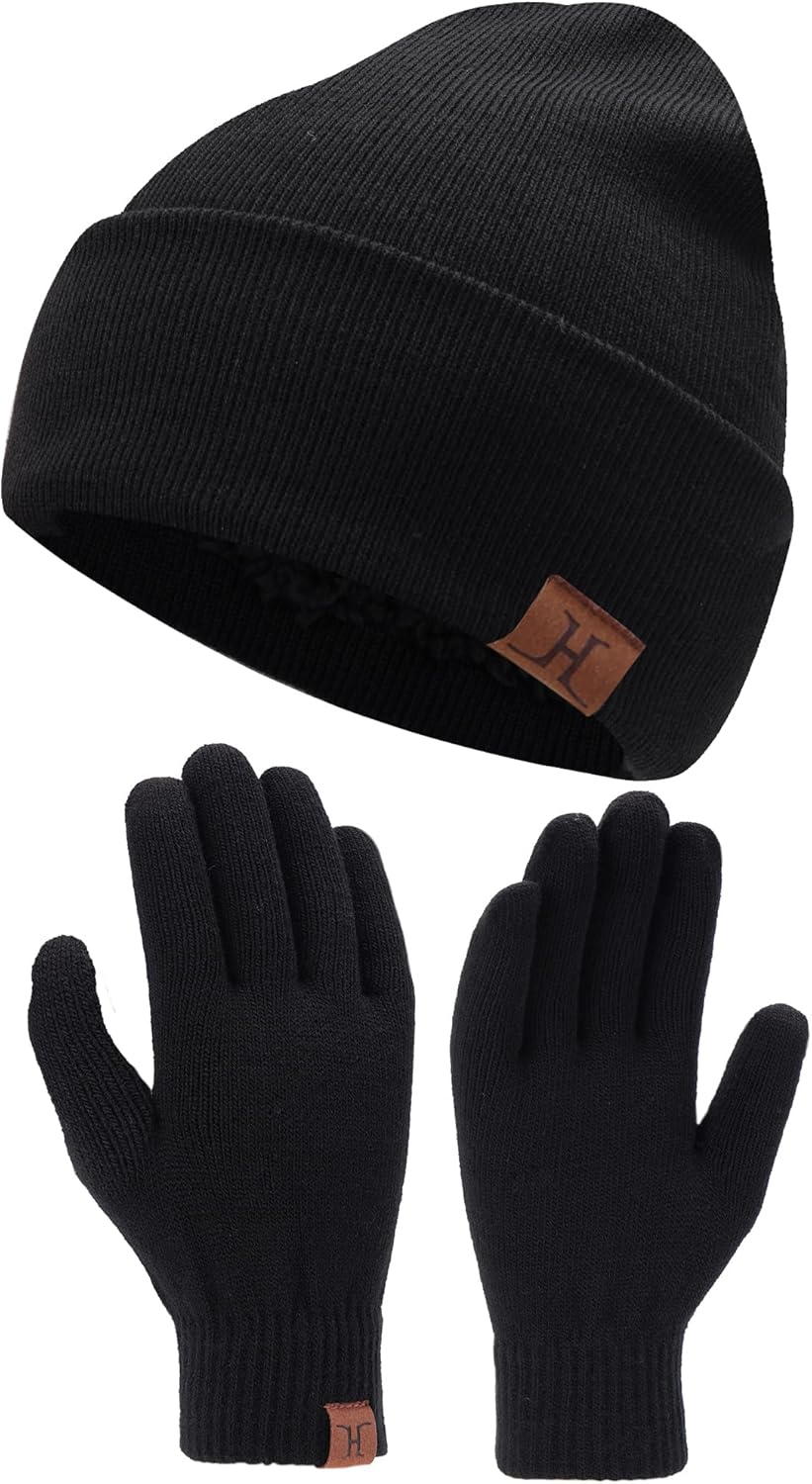 Winter Warm Beanie Hat Touchscreen Gloves Set, Soft Skull Cap Gloves Set for Men and Women with Warm Knit Fleece Lined