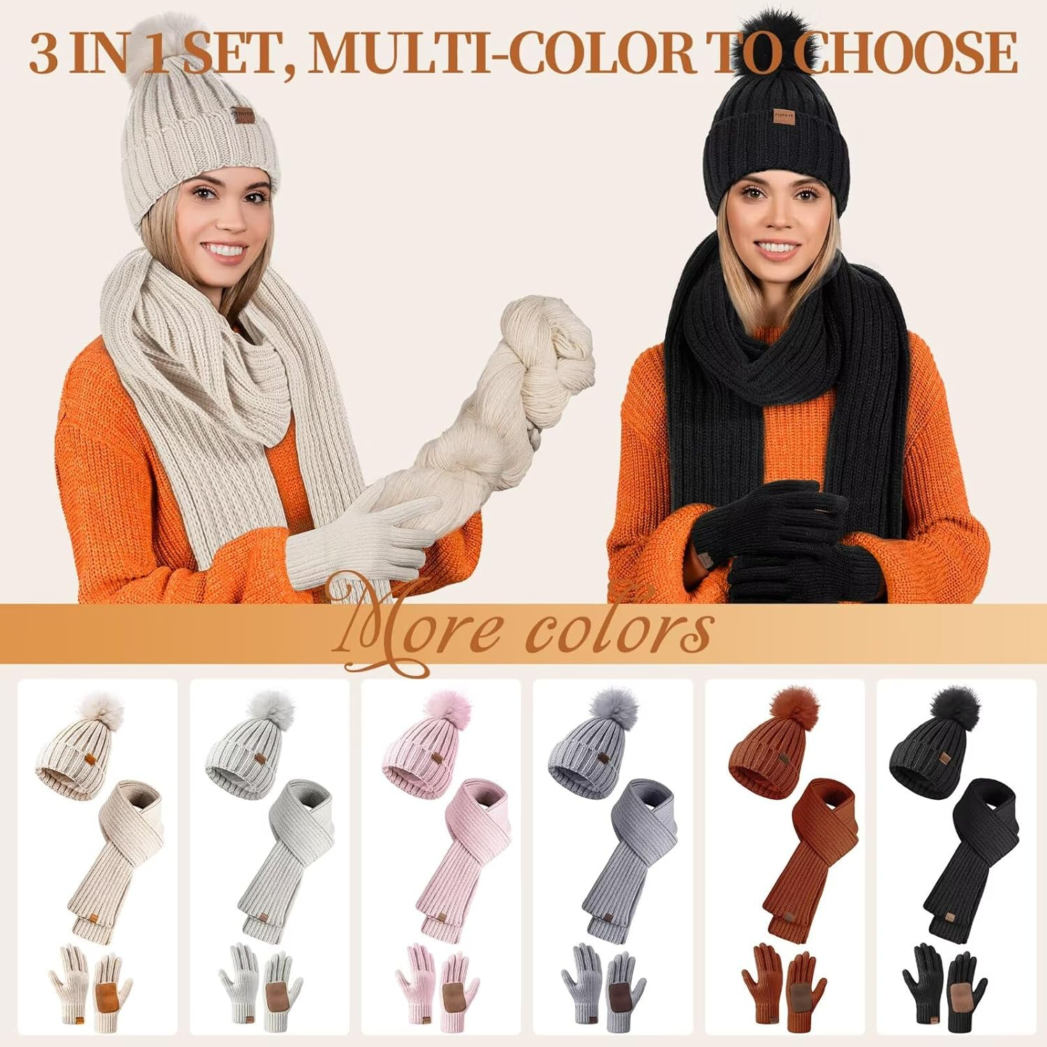 Winter Beanie Hat Scarf Gloves Set for Women, Womens Beanie with Pom Pom Long Scarf Neck Warmer Touchscreen Gloves 3 in 1 Set - Image 7