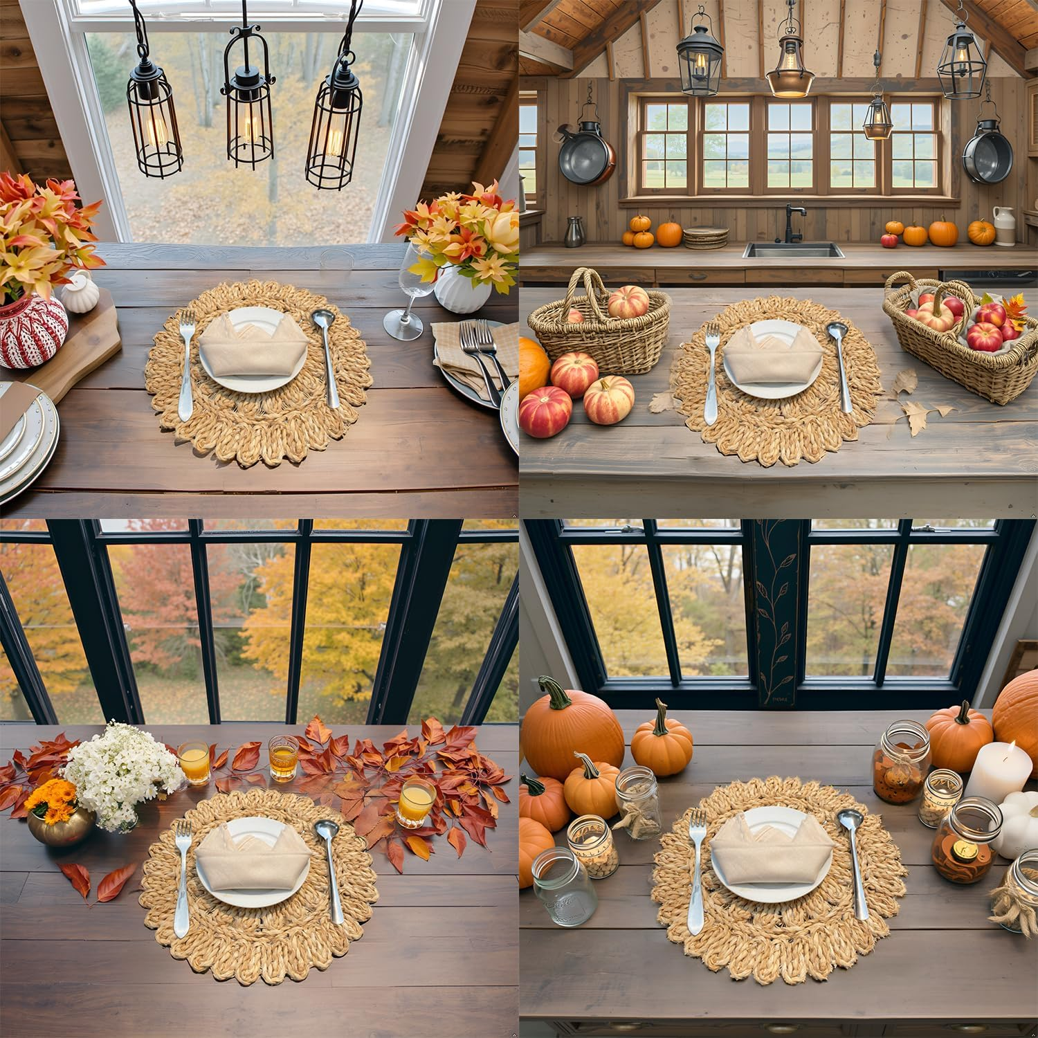 13.8" round Corn Husk Placemats | Boho Woven Rattan Table Mats | Natural Spring Farmhouse Plate Chargers | Handmade Rustic Wicker Place Mats for Christmas Wedding (Set of 4) - Image 4