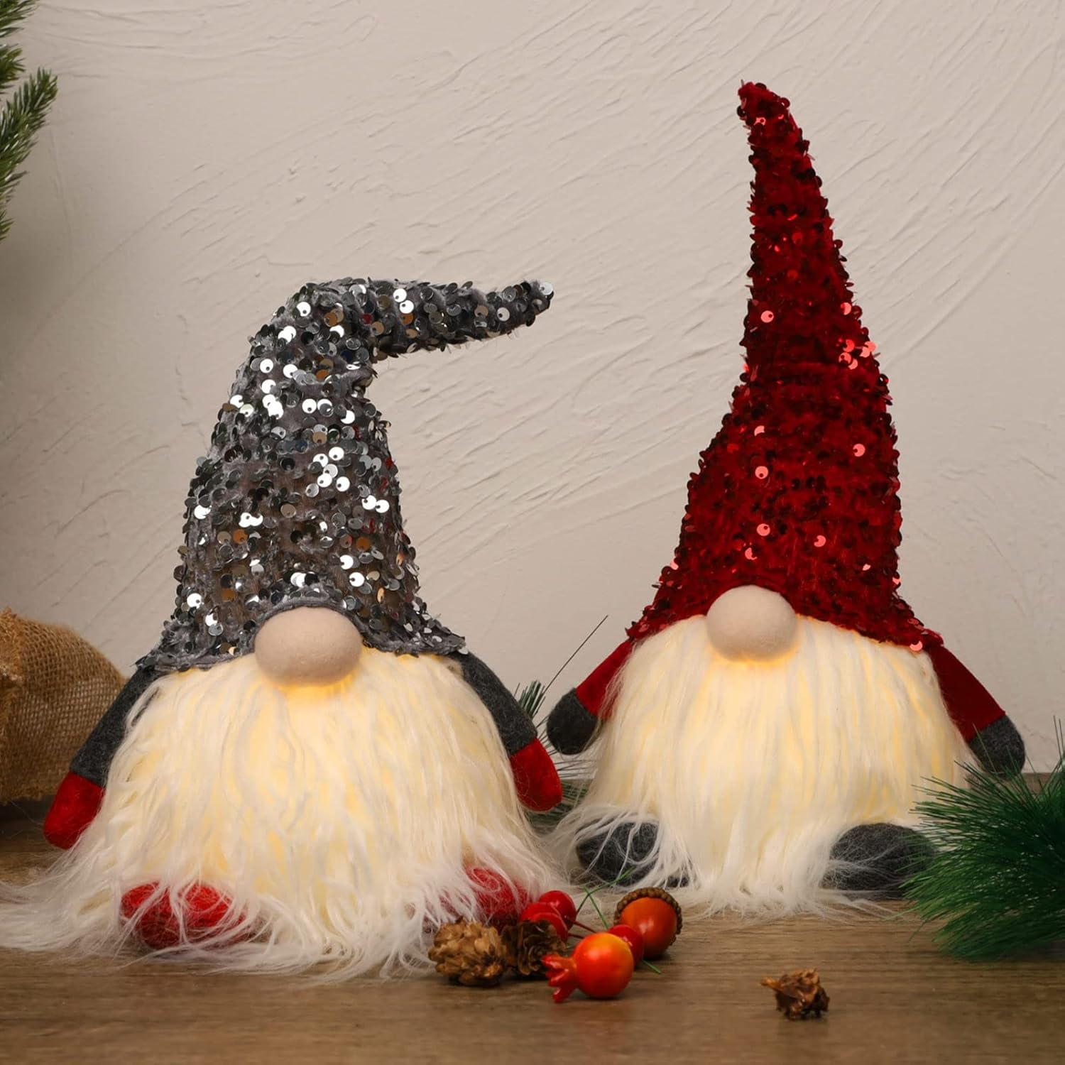 12" Lighted Christmas Gnome, Handmade Sequins Hat Scandinavian Swedish Tomte, Light up Plush Elf Toy Holiday Present, Battery Operated Winter Tabletop Christmas Decorations, 2 Set - Image 6