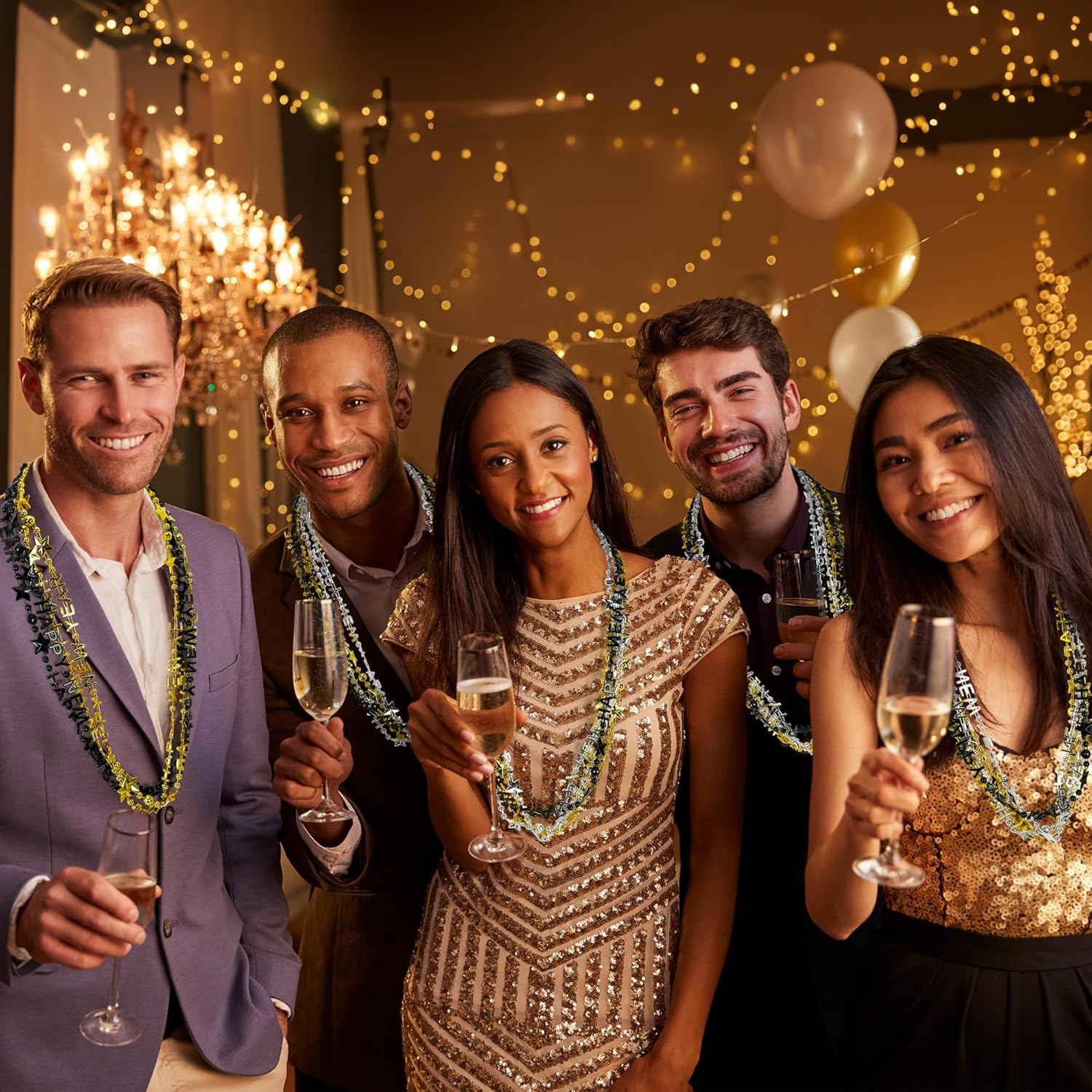 24PCS New Years Necklace Decorations, Bead Necklaces Party Supplies 2026, HAPPY NEW YEAR Star Necklaces Bulk Accessories, Black Gold Silver Bead Necklace 2026 Decorations - Image 6