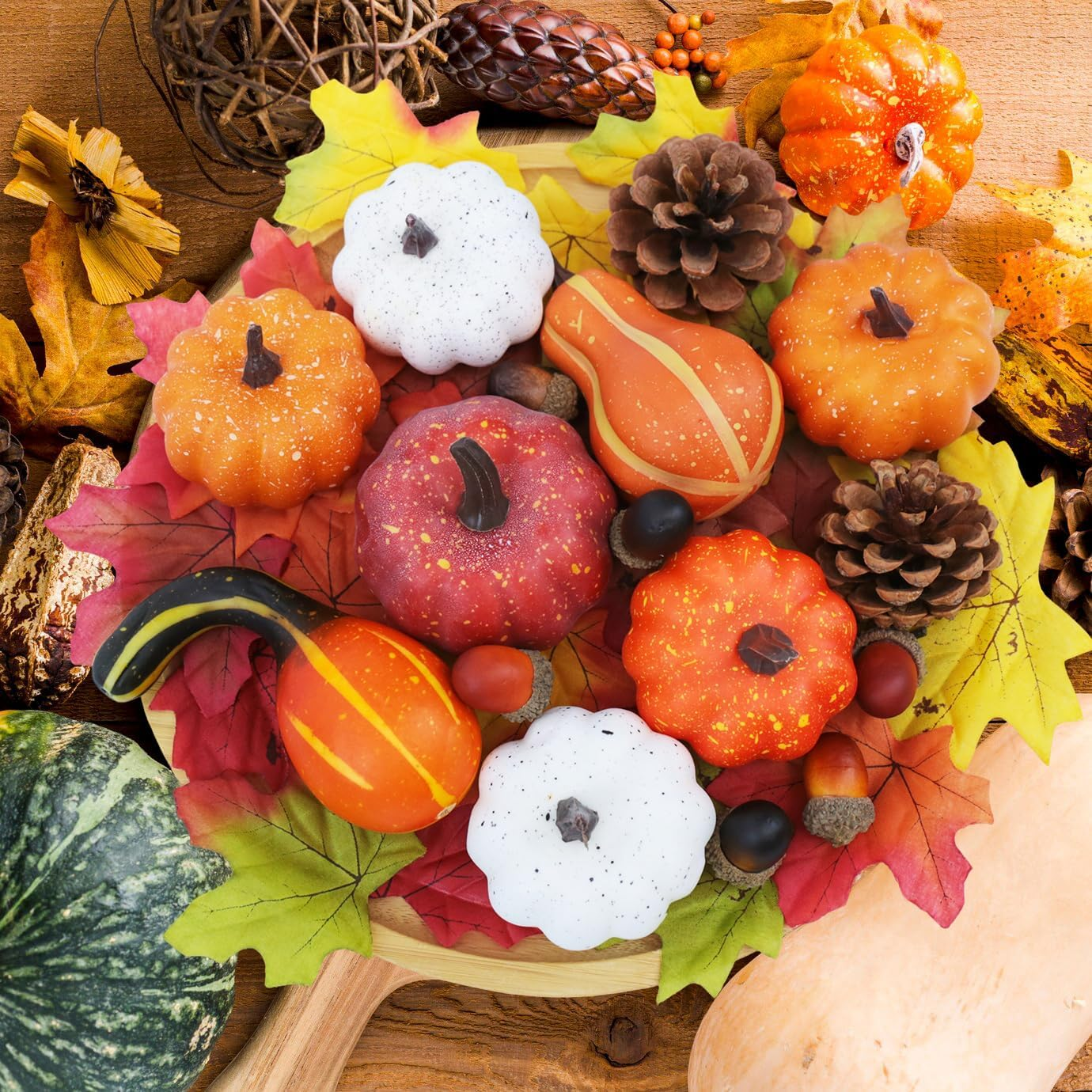 36PCS Mini Artificial Pumpkins Fall Decor Set - Realistic Small Fake Pumpkins for Decorating with Gourd Fall Leaves Acorns Pinecones for Autumn Table Centerpiece, Thanksgiving Harvest Home Decorations - Image 5