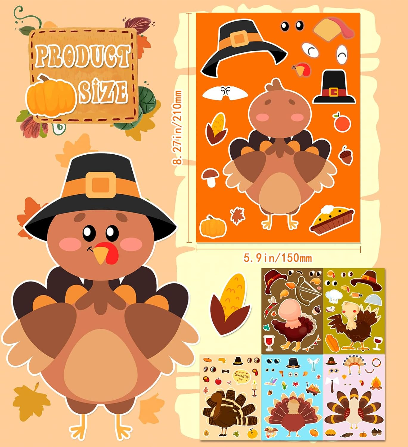 Thanksgiving Stickers for Kids, DIY Crafts Stickers for Kids, Make a Turkey Face Sticker, Thanksgiving Games Activities Decorations Party Supplies(24 Sheets) - Image 3