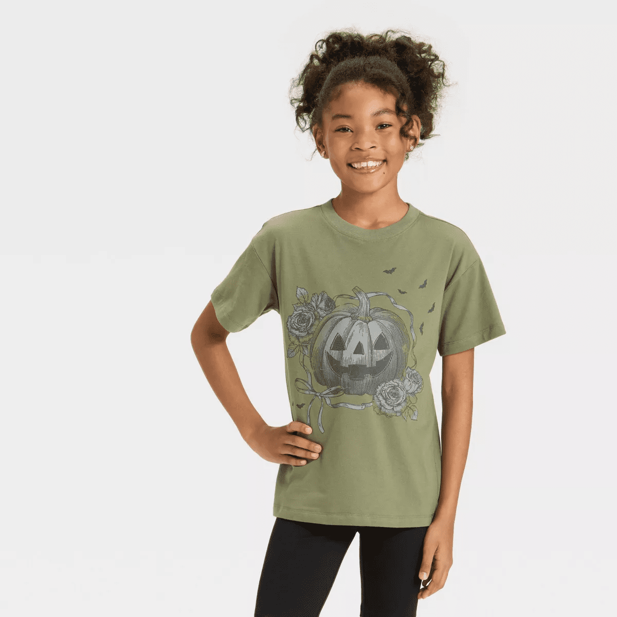Girls' Short Sleeve Oversized Halloween Graphic T-Shirt - Cat & Jack™ Olive Green