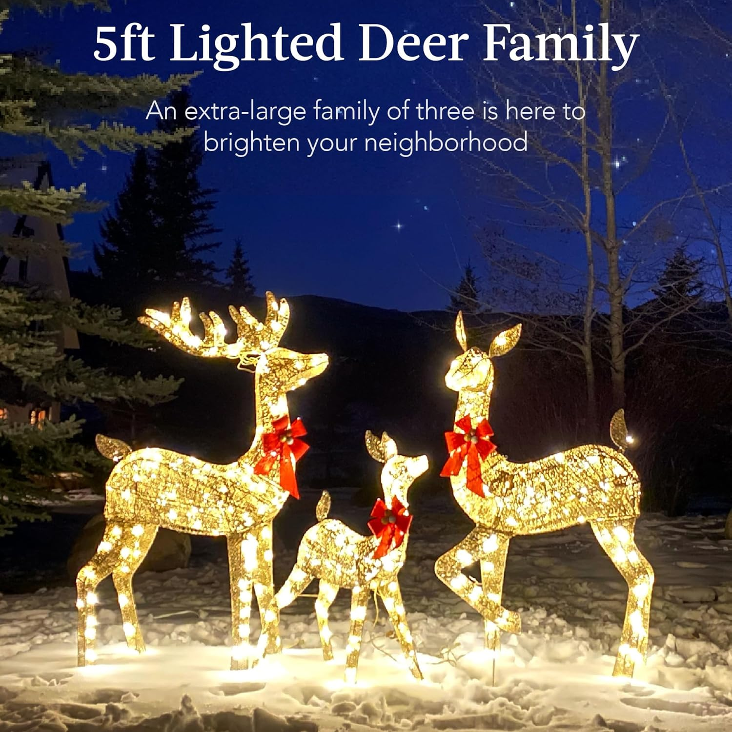 3-Piece Large Lighted Christmas Deer Family Set 5Ft Outdoor Yard Decoration with 360 LED Lights, Stakes, Zip Ties - Gold - Image 2