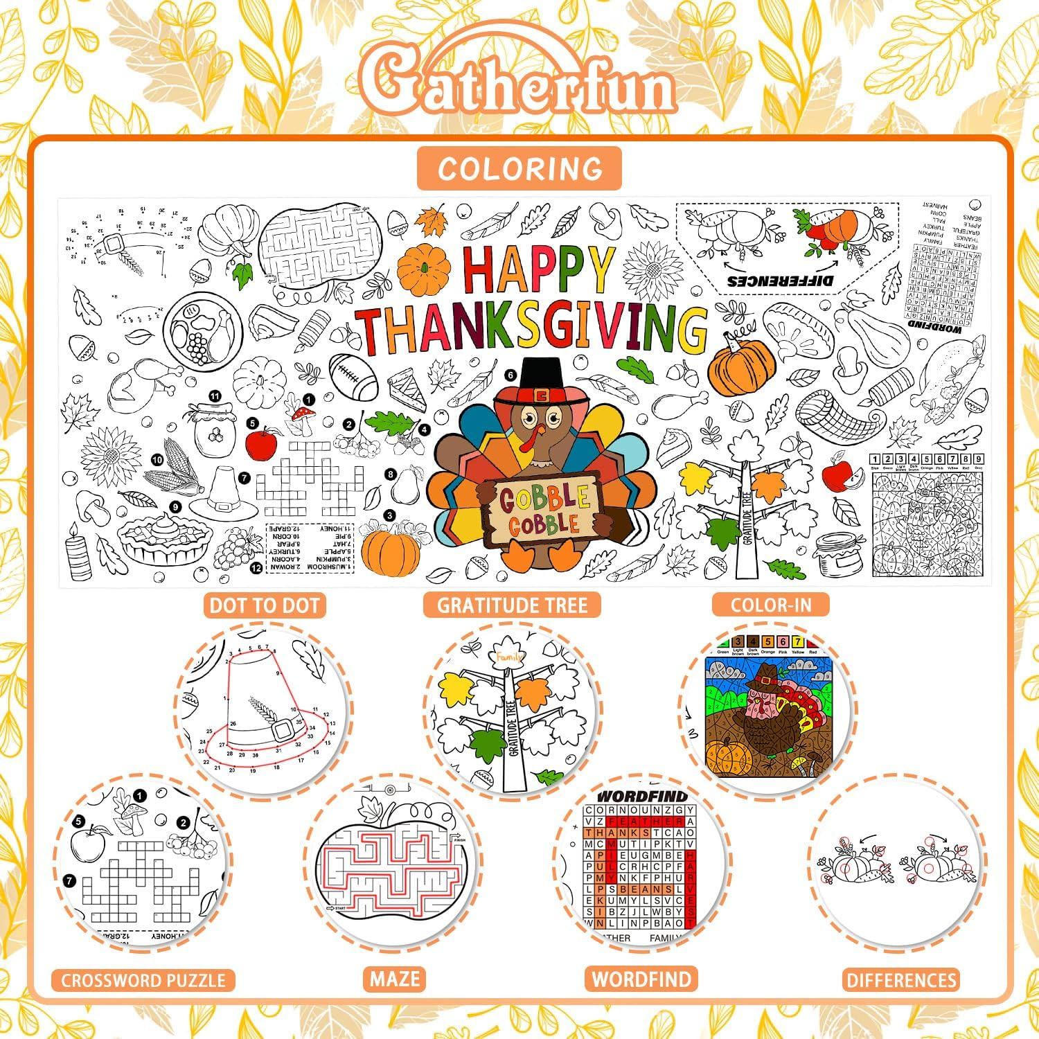 Family Fun Thanksgiving Activity Poster - 31.5 X 72 Inches, Turkey-Themed Thanksgiving Day Party, Versatile Paper Coloring Banner/Table Cover for Fall School Parties and Special Events Decoration - Image 2