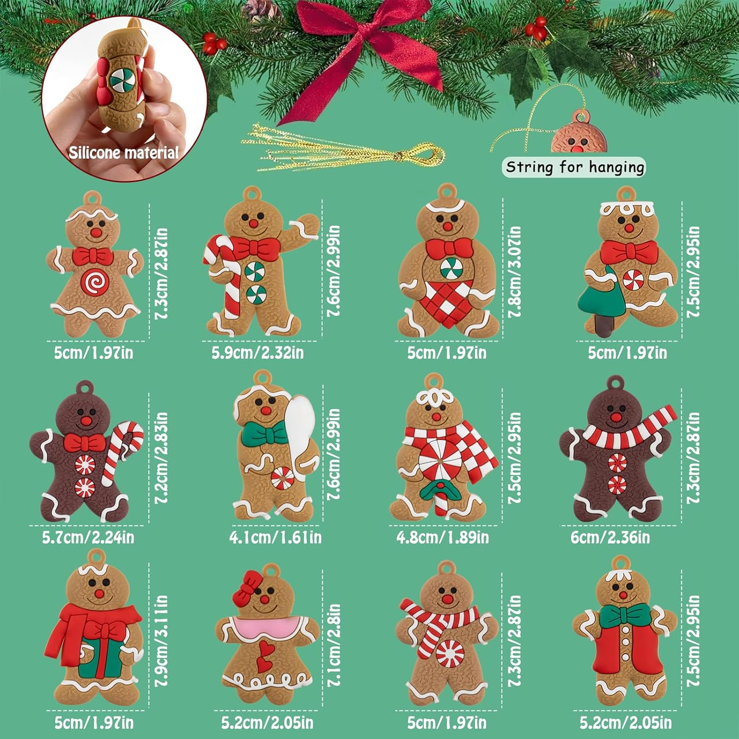 12Pcs Gingerbread Man Ornaments for Christmas Tree, Assorted Gingerbread Figurines Ornaments, Christmas Tree Hanging Decorations, 3 Inch Tall - Image 5