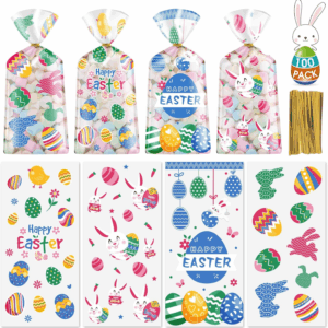 100 Pcs Easter Treat Bags - Happy Easter Gift Bag, Easters Eggs Plastic Cellophane Bag, Clear Colorful Easters Bunny Goodie Candy Favor Bags with Gold Twist Ties for Easte Party Favors Supplies