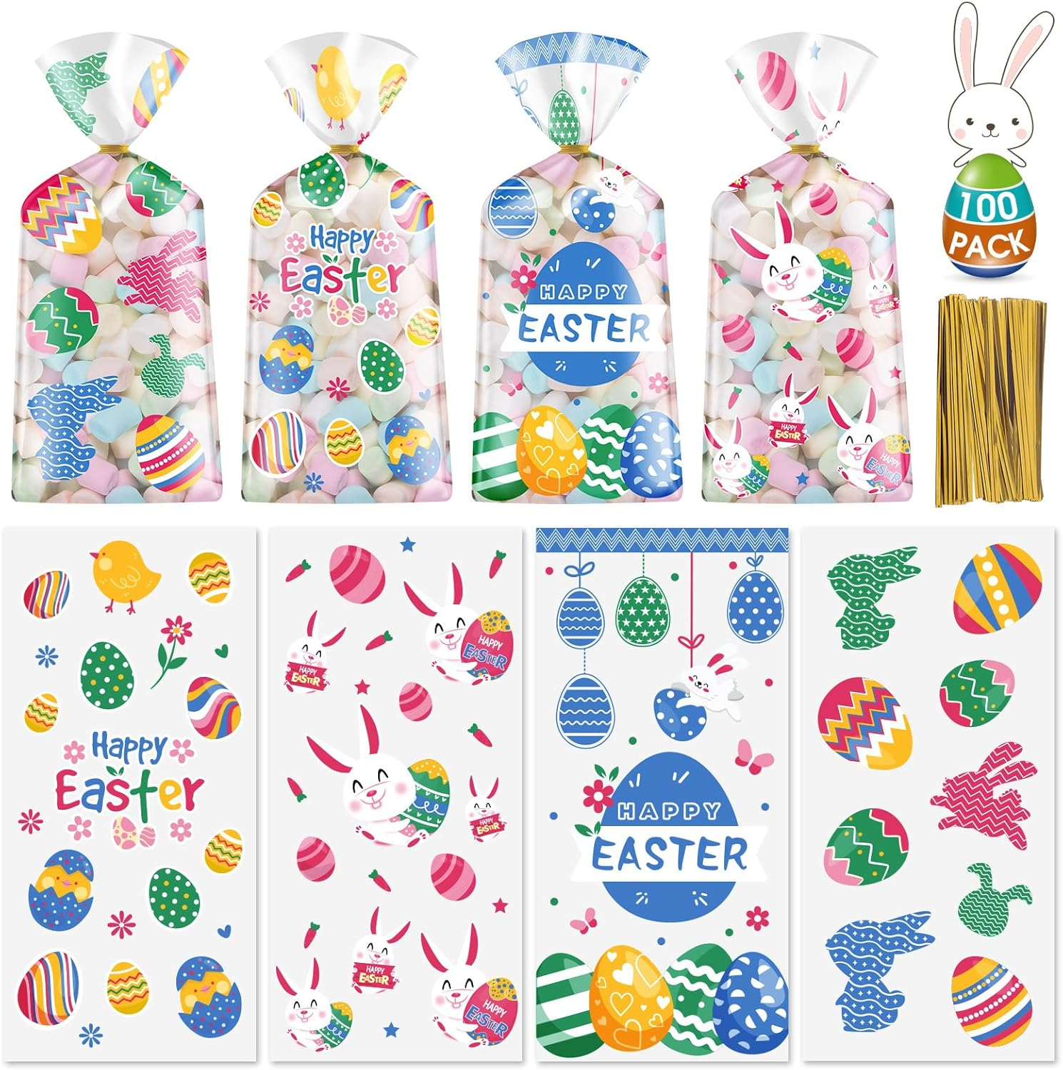 100 Pcs Easter Treat Bags - Happy Easter Gift Bag, Easters Eggs Plastic Cellophane Bag, Clear Colorful Easters Bunny Goodie Candy Favor Bags with Gold Twist Ties for Easte Party Favors Supplies