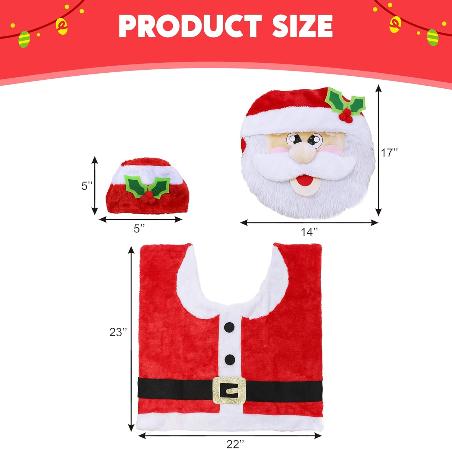 5 Pieces Christmas Theme Bathroom Decoration Set W/Toilet Seat Cover, Rugs, Tank Cover, Toilet Paper Box Cover and Santa Towel for Xmas Indoor Décor, Party Favors (Santa) - Image 3