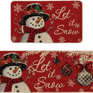 Snowman Let It Snow Snowflake Christmas Kitchen Mats Set of 2, Winter Home Decor Low-Profile Kitchen Rugs for Floor - 17X29 and 17X47 Inch