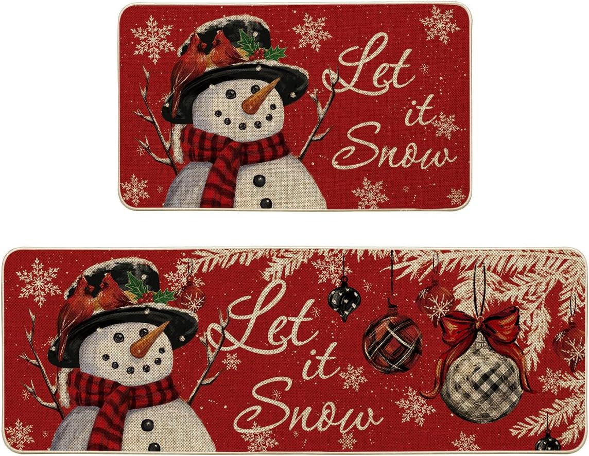 Snowman Let It Snow Snowflake Christmas Kitchen Mats Set of 2, Winter Home Decor Low-Profile Kitchen Rugs for Floor - 17X29 and 17X47 Inch