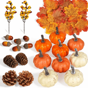 51 PCS Artificial Pumpkins, Fall Harvest Decorations with Acorns, Pinecones, Berries, Maple Leaves for Farmhouse Fall Thansgiving Halloween Decor Decoration