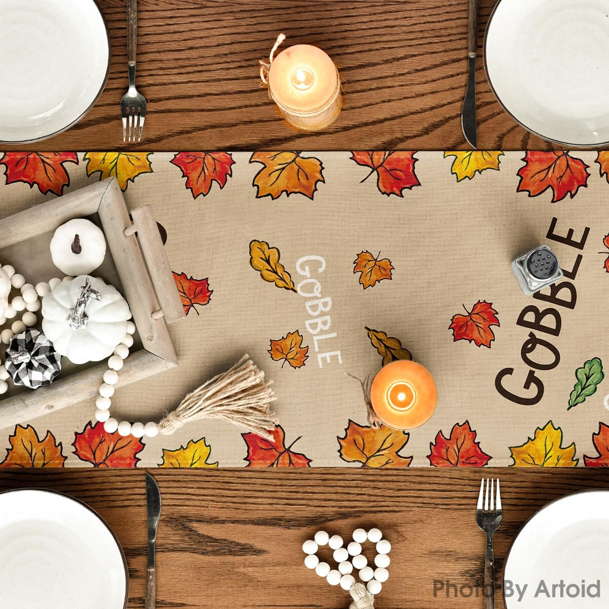 Turkey Give Thanks Thanksgiving Table Runner, Seasonal Fall Autumn Kitchen Dining Table Decoration for Home Party Decor 13X72 Inch - Image 3