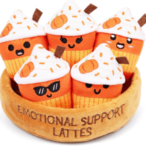 Emotional Support Lattes by Relatable, Soft & Cuddly Fall Plushies for Love Ones of All Ages, the Perfect Fall Gifts for Back to School, and Teacher Desk Buddy, Includes 5 Latte Plushies with Basket